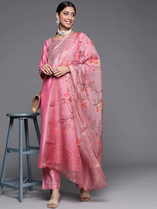 Pink Silk Blend Printed Motif Yoke Design & Mirror Work Suit Set with Organza Dupatta - Ria Fashions