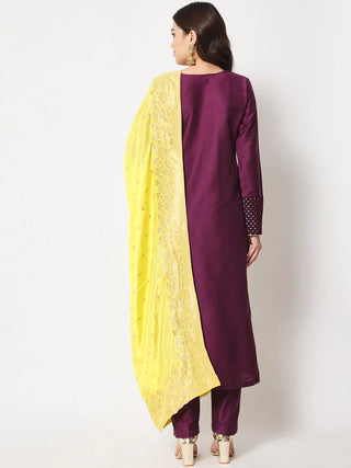 Purple Cotton Silk Suit Set with Yellow Silk Dupatta