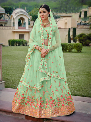Heavy Net Pista Green Floral Embroidered Lehenga Set with Dupatta