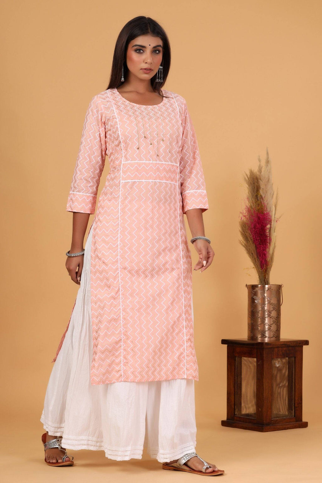Cotton Peach Printed Sharara Set - Ria Fashions