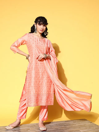 Peach Chanderi Silk Ethnic Motif Embroidered Suit Set with Dupatta