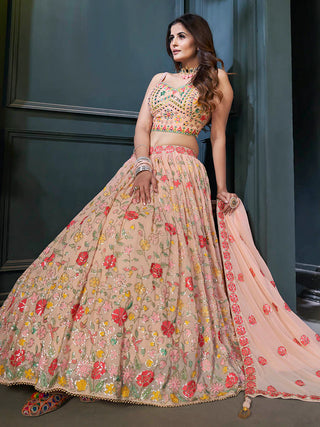 Peach Georgette Embroidered Mirror and Sequins Work Lehenga - Ria Fashions