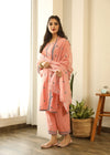 Cotton Peach Floral Embroidered Suit Set with Cotton Doriya Dupatta