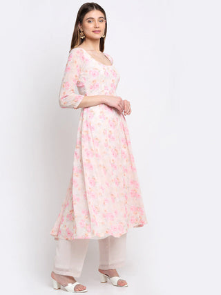 Georgette Off White & Pink Printed Anarkali Kurta with Solid Palazzo Pants - Ria Fashions