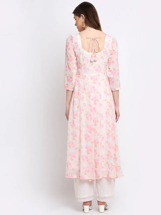 Georgette Off White & Pink Printed Anarkali Kurta with Solid Palazzo Pants - Ria Fashions