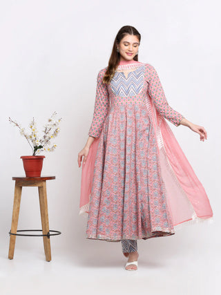 Cotton Pink & Blue Printed Anarkali Suit Set with Chiffon Dupatta - Ria Fashions