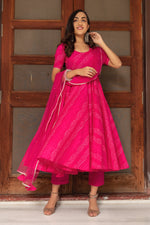 Cotton Pink Bhandej Print Anarkali Suit Set - Ria Fashions