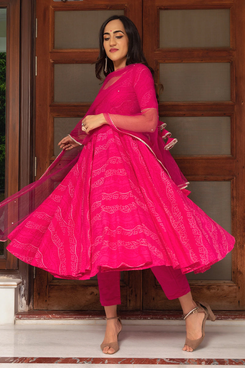 Cotton Pink Bhandej Print Anarkali Suit Set - Ria Fashions