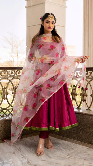 Solid Pink Cotton Silk Anarkali Suit Set - Ria Fashions