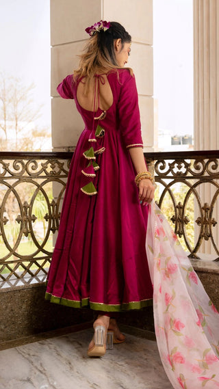 Solid Pink Cotton Silk Anarkali Suit Set - Ria Fashions