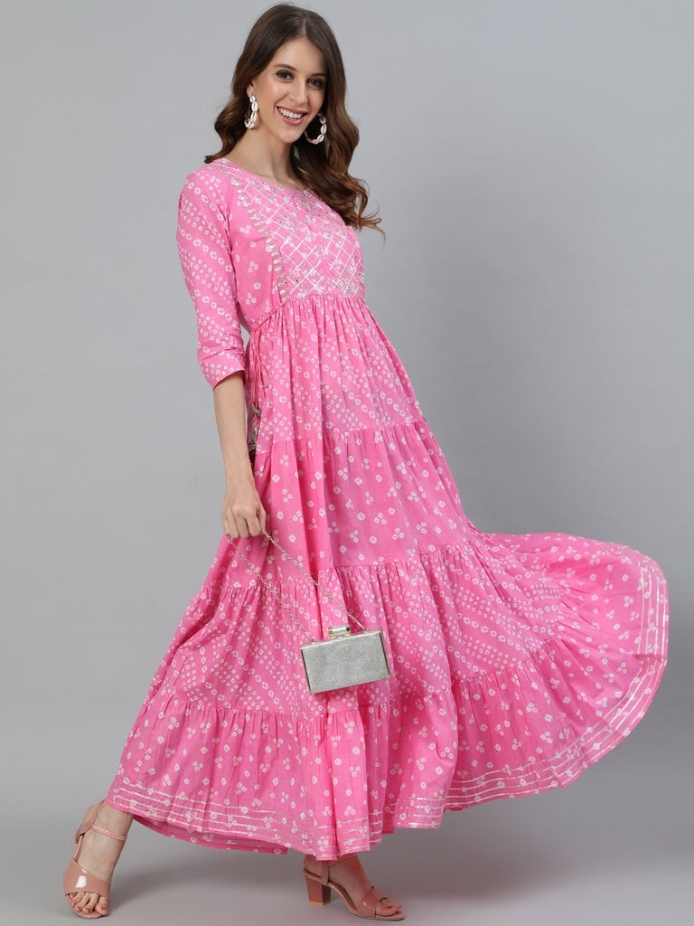 Cotton Pink Bandhani Print Zari Detailing Anarkali Style Kurta