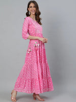 Cotton Pink Bandhani Print Zari Detailing Anarkali Style Kurta