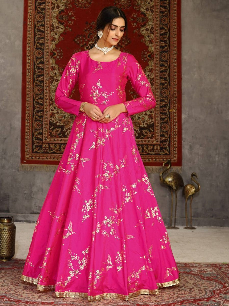 Pink Taffeta Silk Embellished Detailing with Metallic Foil work Anarkali Gown