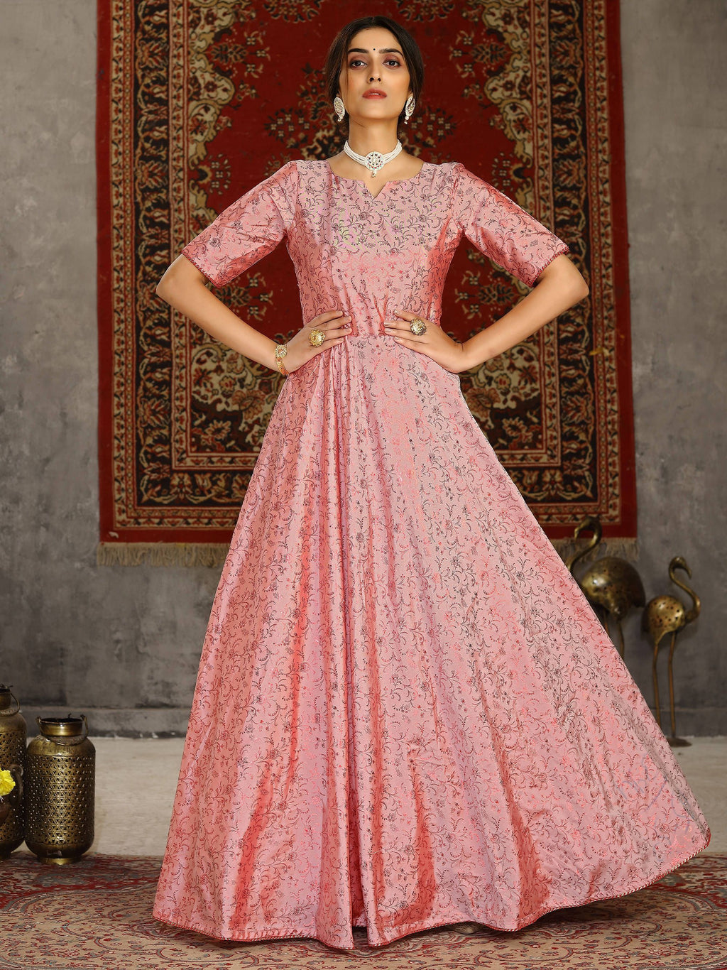 Pink Taffeta Silk Embellished Detailing with Metallic Foil Print Anarkali Gown