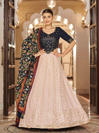 Pink & Navy Blue Georgette Heavy Embroidered Lehenga Set with Contrast Cotton Dupatta