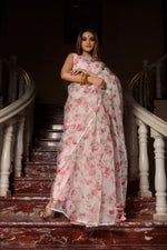 Pink & White Organza Printed Saree with Taffeta Silk Blouse - Ria Fashions