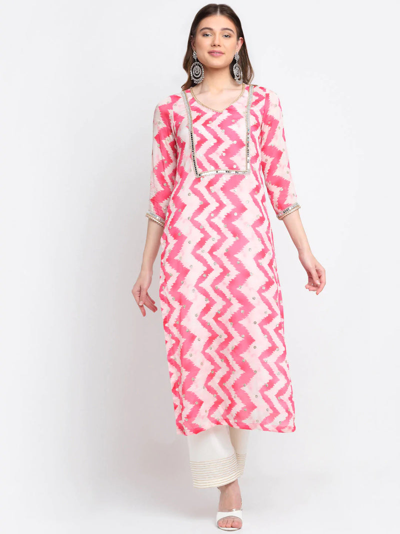 Satin Georgette Pink & Zig Zag Print & Mirror-Sequin Embellished Kurta with Solid Trouser