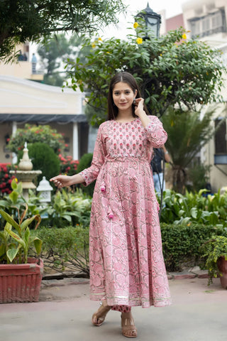 Cotton Pink Floral Print & Mirror Embroidered Anarkali Style Kurta Pant Set