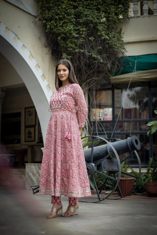 Cotton Pink Floral Print & Mirror Embroidered Anarkali Style Kurta Pant Set