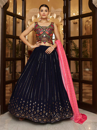 Georgette Pink & Navy Blue Heavy Embroidered Lehenga Set with Cotton Dupatta