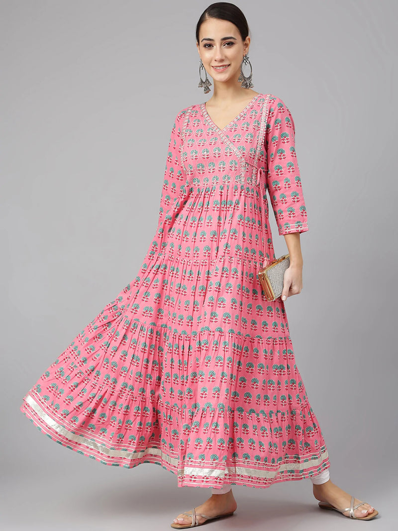 Cotton Pink Block Print Anarkali Style Kurta