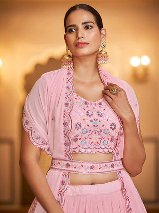 Pink Georgette Heavy Embroidered Lehenga Choli Set with Dupatta