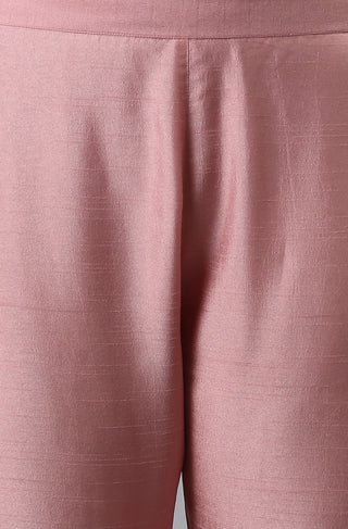 Pink Poly Silk Floral Print Kurta-Pant Set