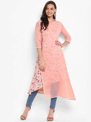 Pink Poly Crepe Layered Floral Print Kurta