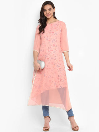 Pink Poly Crepe Layered Floral Print Kurta