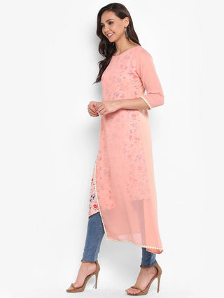 Pink Poly Crepe Layered Floral Print Kurta