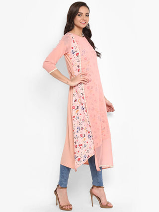 Pink Poly Crepe Layered Floral Print Kurta