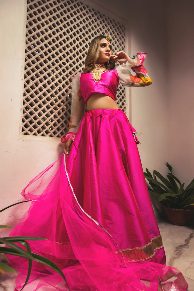 Pink Taffeta Silk Lehenga Set with Soft Net - Ria Fashions