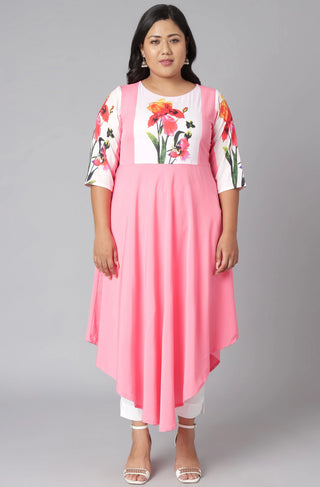 Poly Crepe Pink Floral Print Kurta