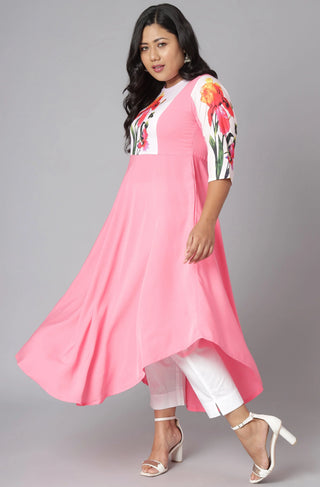 Poly Crepe Pink Floral Print Kurta