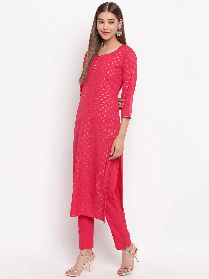 Pink Poly Crepe Foil Print Suit Set with Dupatta