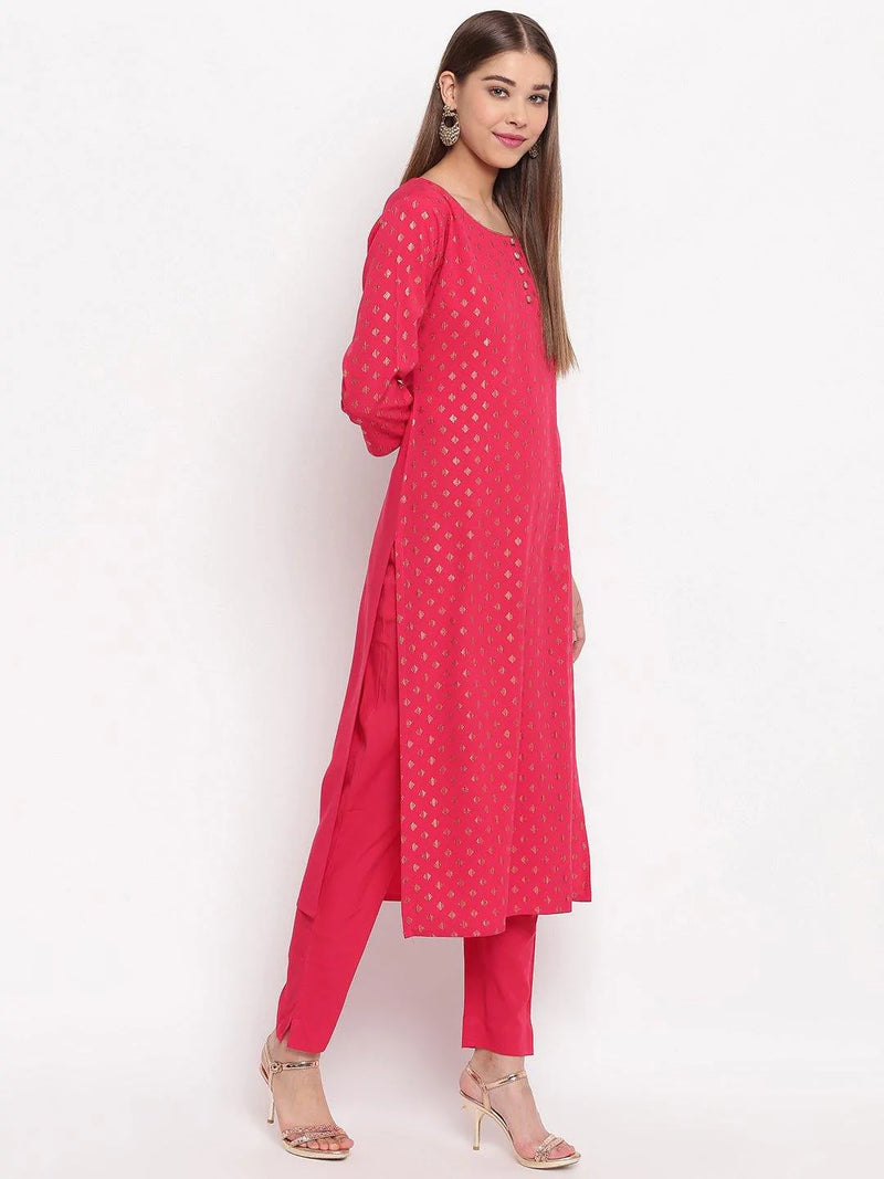 Pink Poly Crepe Foil Print Suit Set with Dupatta