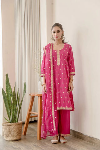 Cotton Pink Floral Embroidered Suit Set with Cotton Doriya Dupatta
