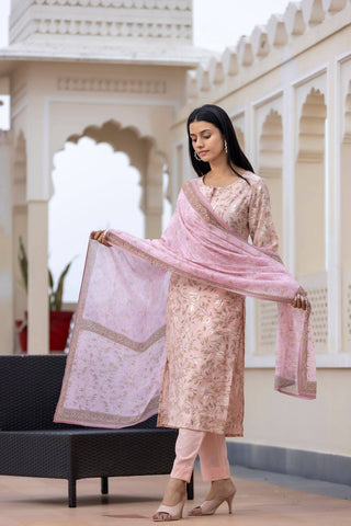 Modal Silk Pink Floral Print Suit Set with Dupatta - Ria Fashions