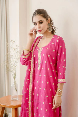 Cotton Pink Floral Embroidered Suit Set with Cotton Doriya Dupatta