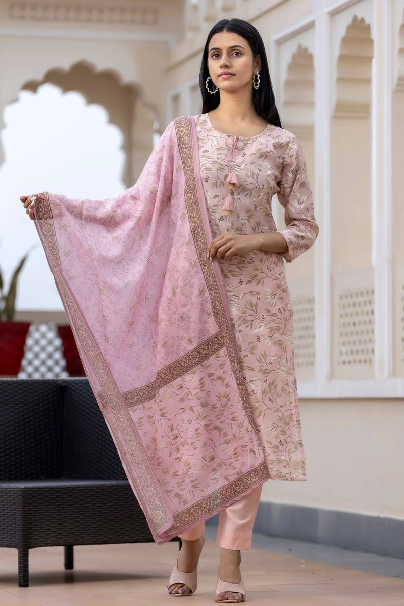 Modal Silk Pink Floral Print Suit Set with Dupatta