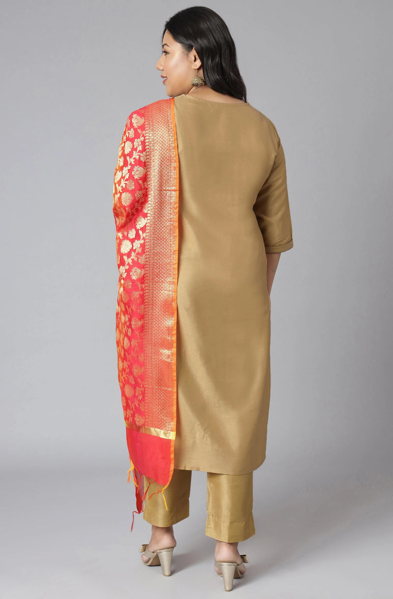 Poly Silk Golden Kurta Palazzo Suit Set with Art Silk Red Dupatta