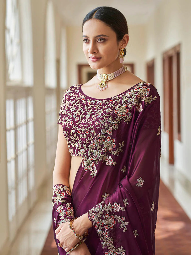 Crepe Purple Embroidered Saree - Ria Fashions