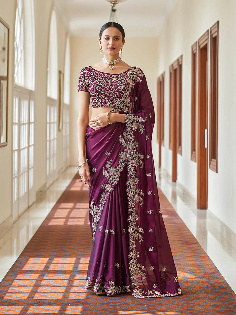 Crepe Purple Embroidered Saree - Ria Fashions