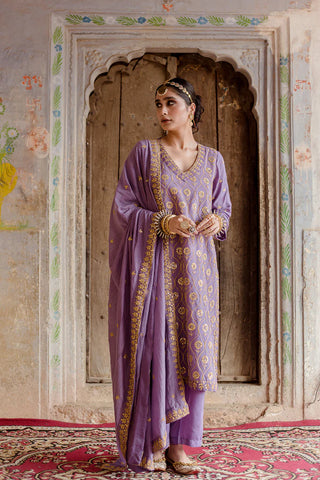 Purple Muslin Gota & Taari Detailing Suit Set with Soft Cotton Dupatta