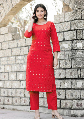 Cotton Red Mirror Embellished Kurta Pant Set