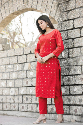 Cotton Red Mirror Embellished Kurta Pant Set