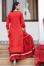 Cotton Red Bandhani Print & Embroidered Sharara Suit Set with Dupatta