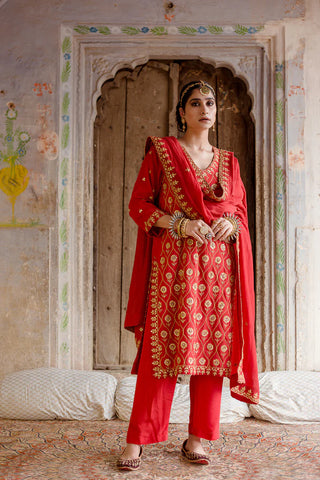 Red Muslin Gota Detailing Suit Set with Soft Cotton Dupatta