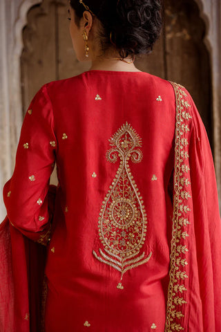 Red Muslin Gota Detailing Suit Set with Soft Cotton Dupatta
