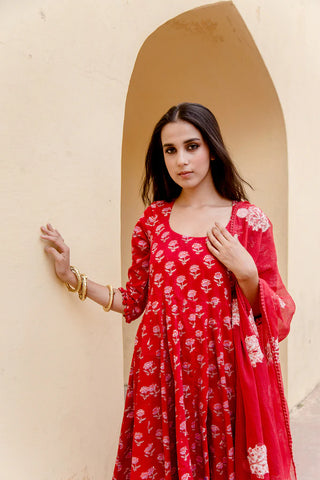Cotton Red Printed Anarkali Suit Set with Doriya Dupatta